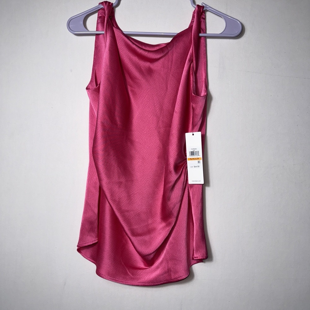 Calvin Klein Women's Petite Small Satin Blouse Twisted Shoulder Straps Pink
